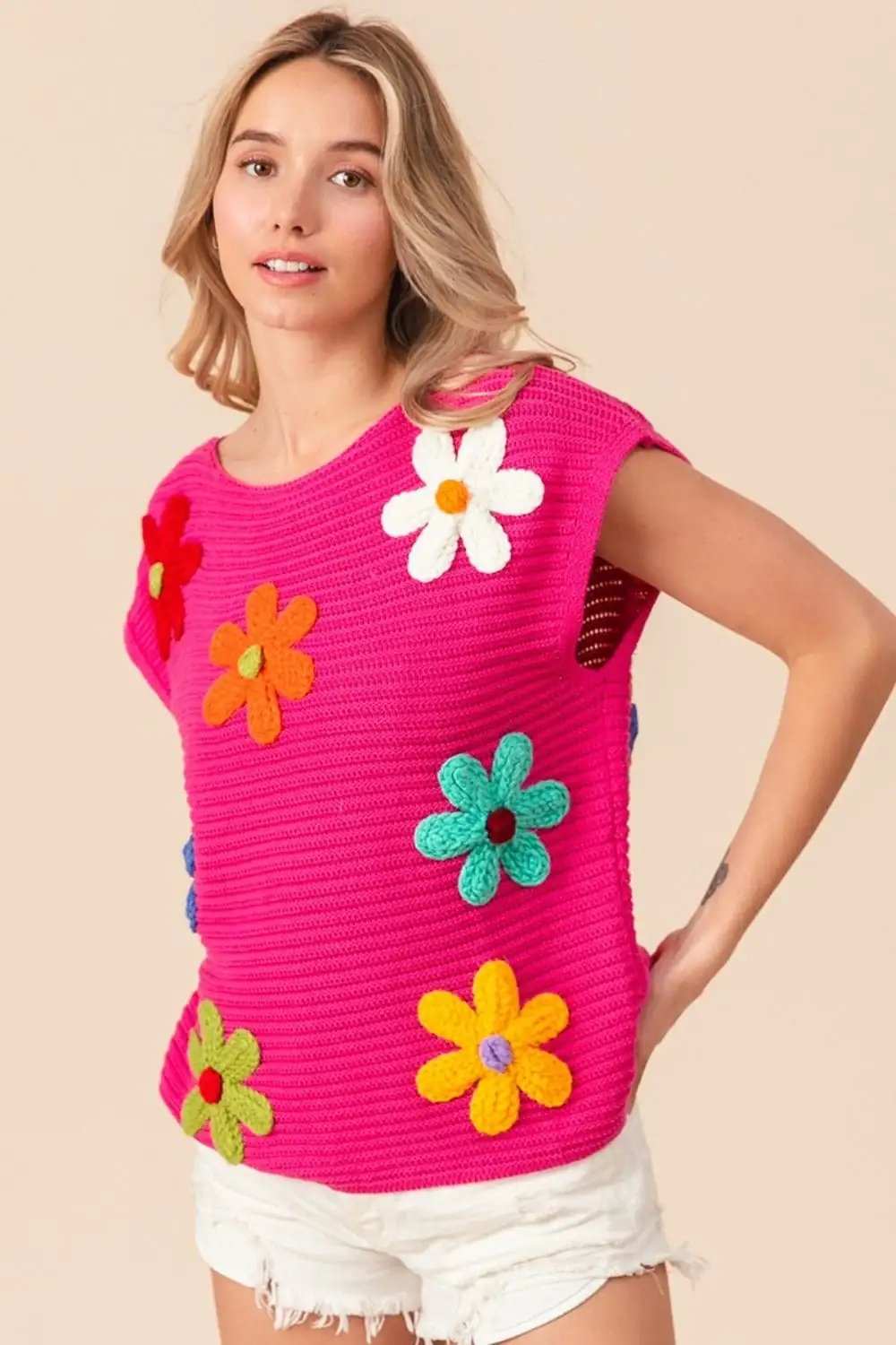 BiBi Flower Round Neck Cap Sleeve Knit Top - Trendsi - Flyclothing LLC