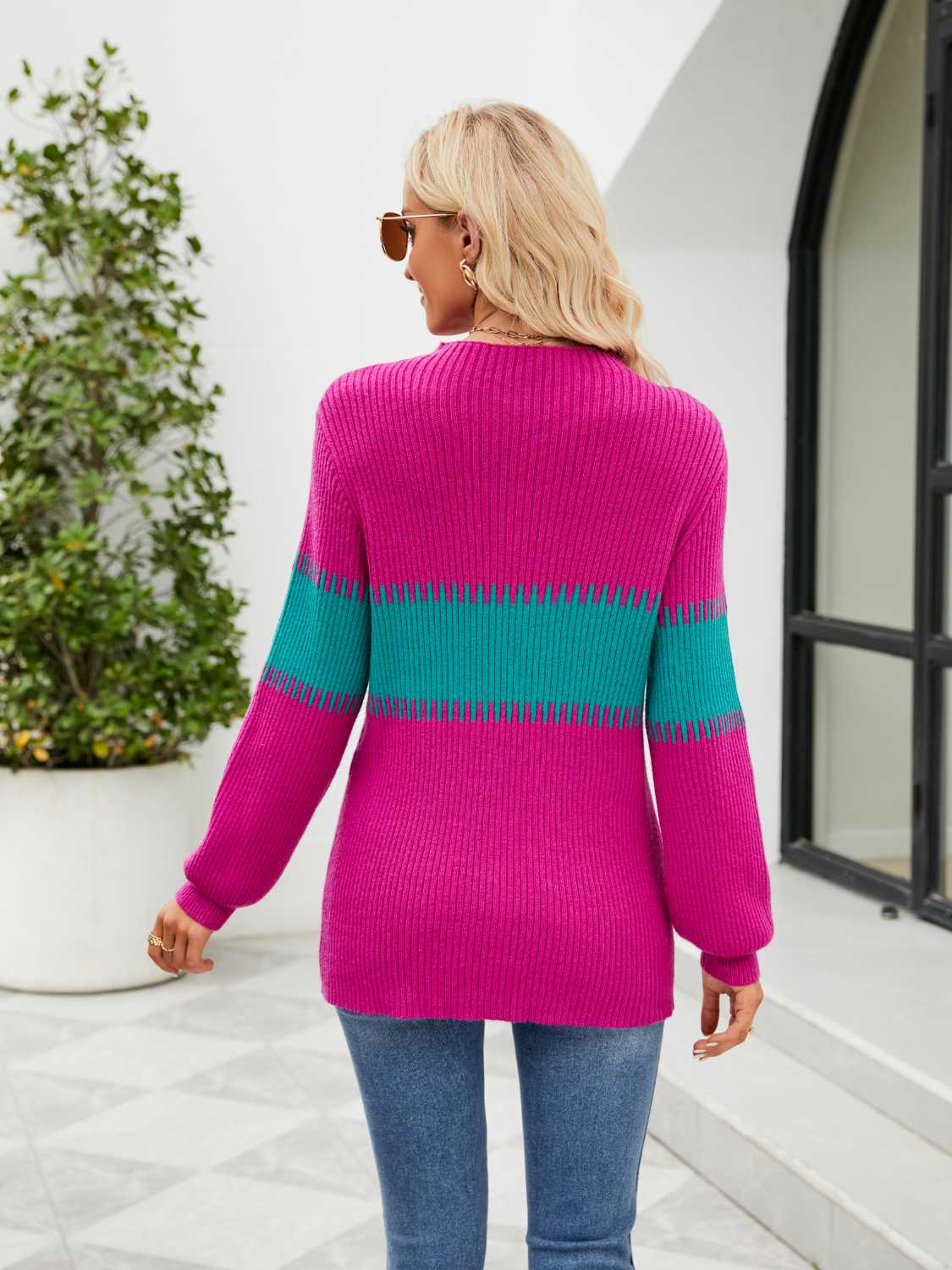 Contrast Round Neck Sweater - Trendsi - Flyclothing LLC