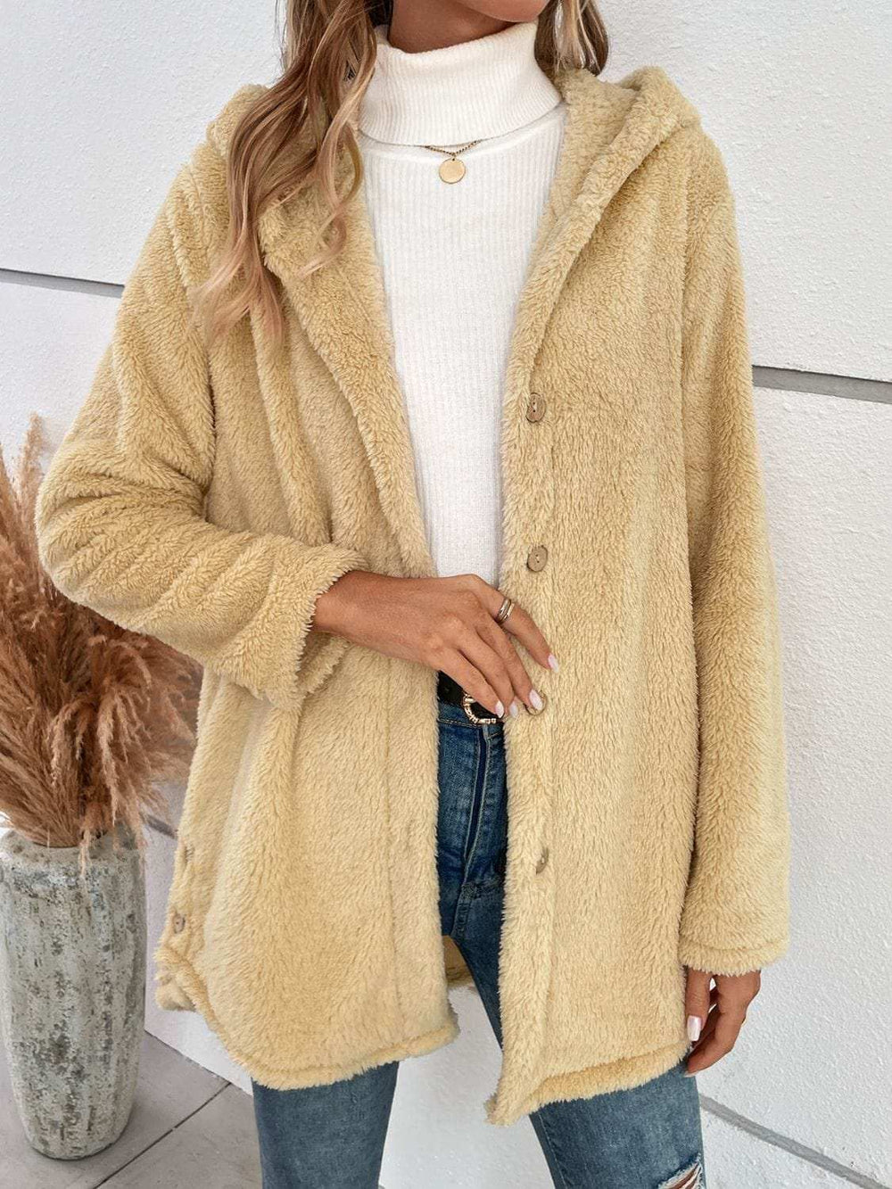 Fuzzy Button Up Hooded Jacket - Trendsi - Flyclothing LLC