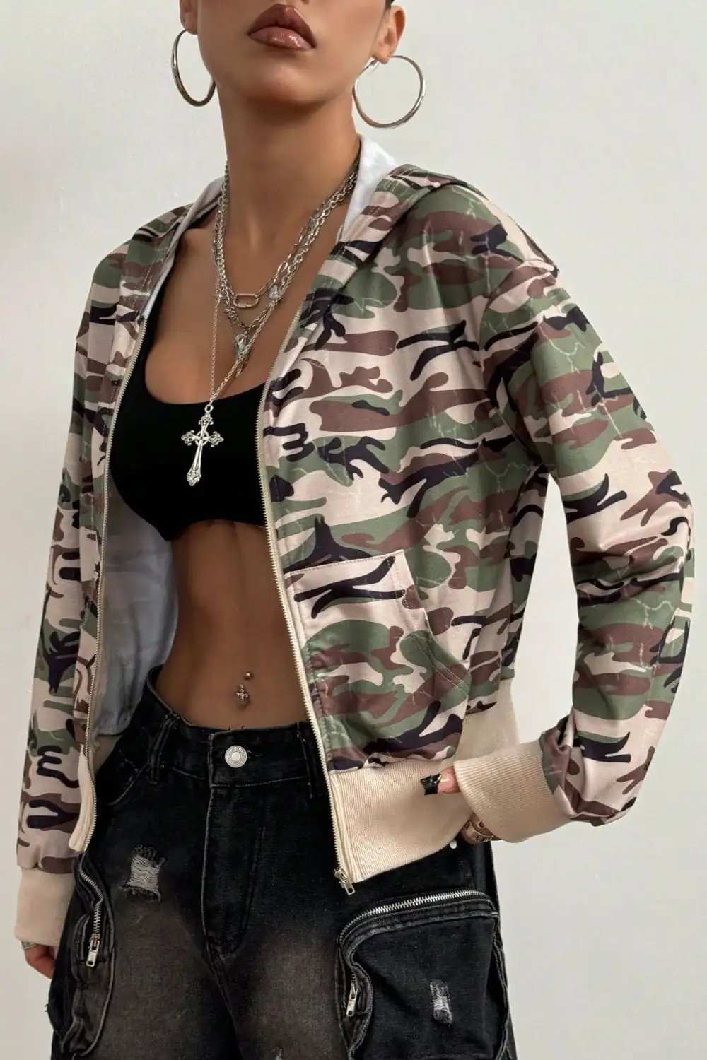 Pocketed Camouflage Zip Up Hooded Jacket - Trendsi - Flyclothing LLC