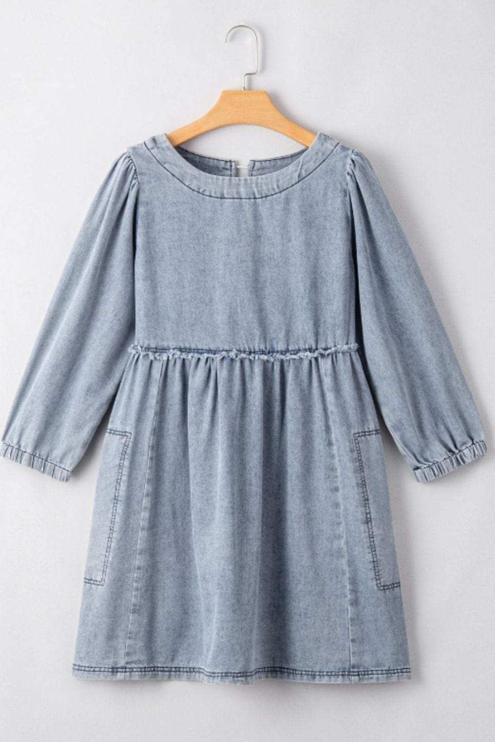 Cutout Round Neck Balloon Sleeve Denim Dress - Trendsi - Flyclothing LLC