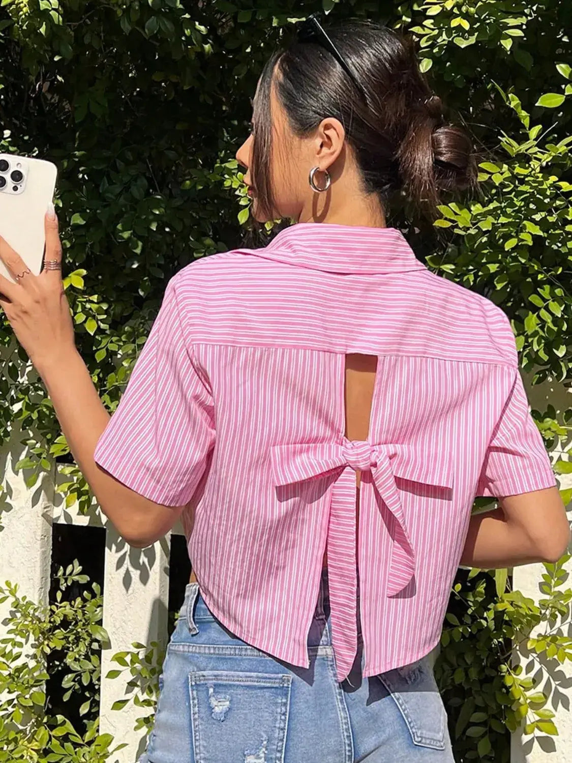 Bow Back Striped Short Sleeve Shirt - Trendsi - Flyclothing LLC