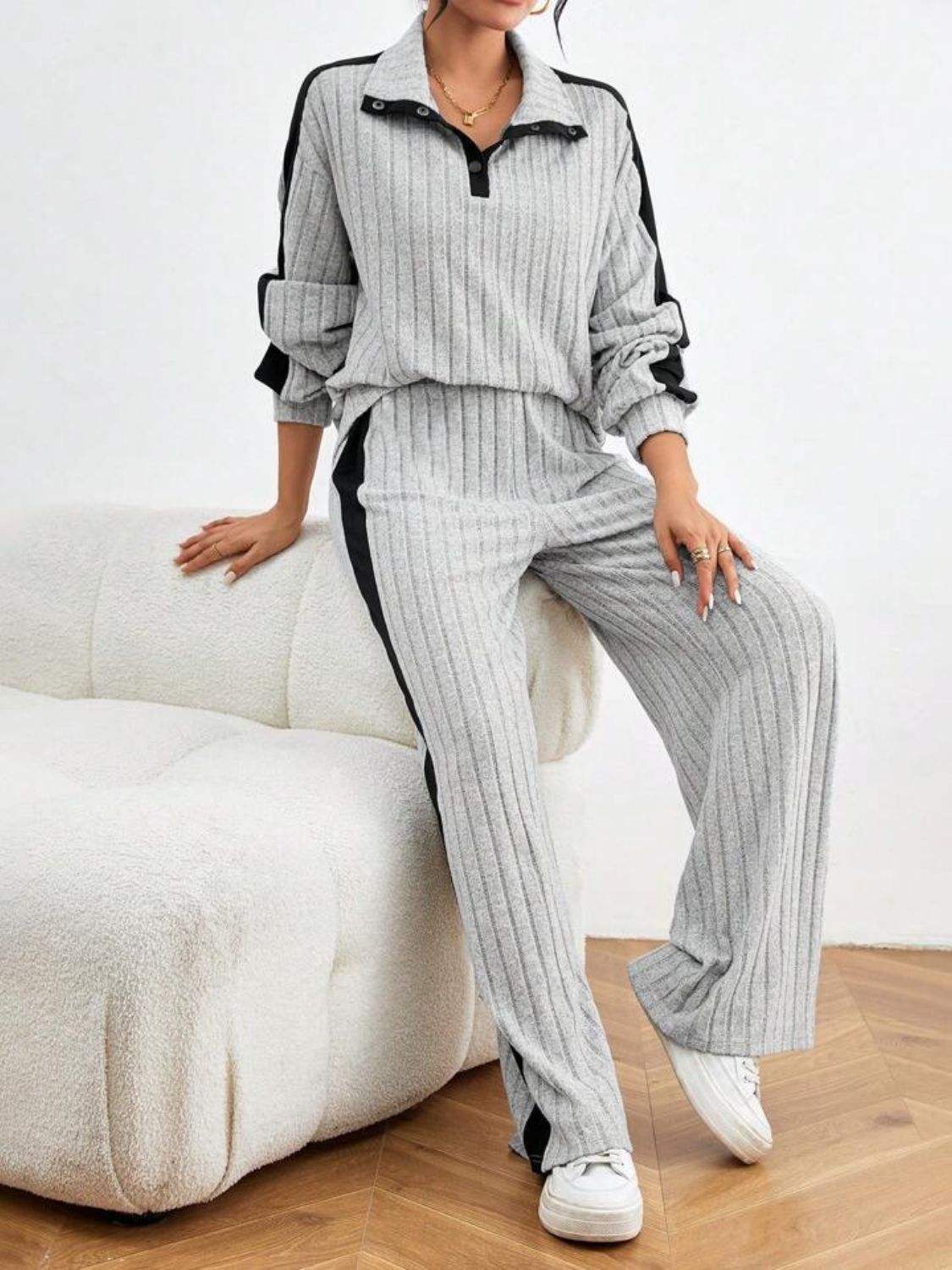 Contrast Collared Neck Long Sleeve Top and Pants Set - Trendsi - Flyclothing LLC