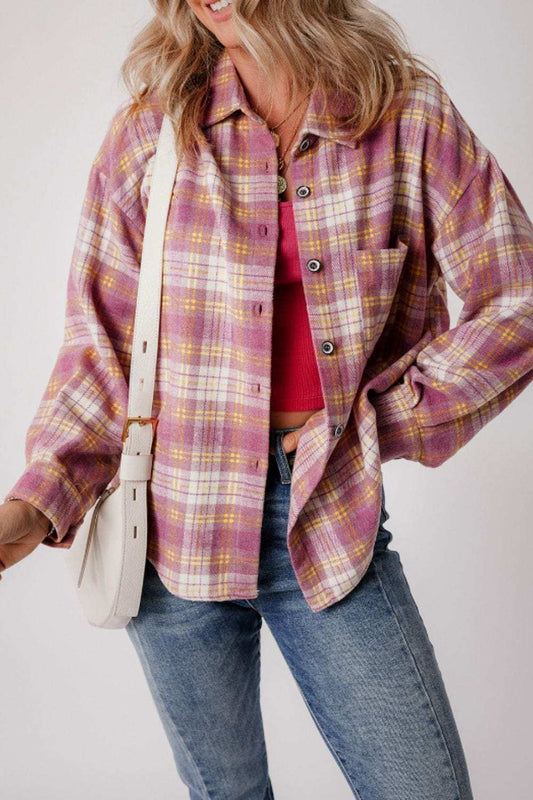 Plaid Collared Neck Button Up Shacket - Trendsi - Flyclothing LLC