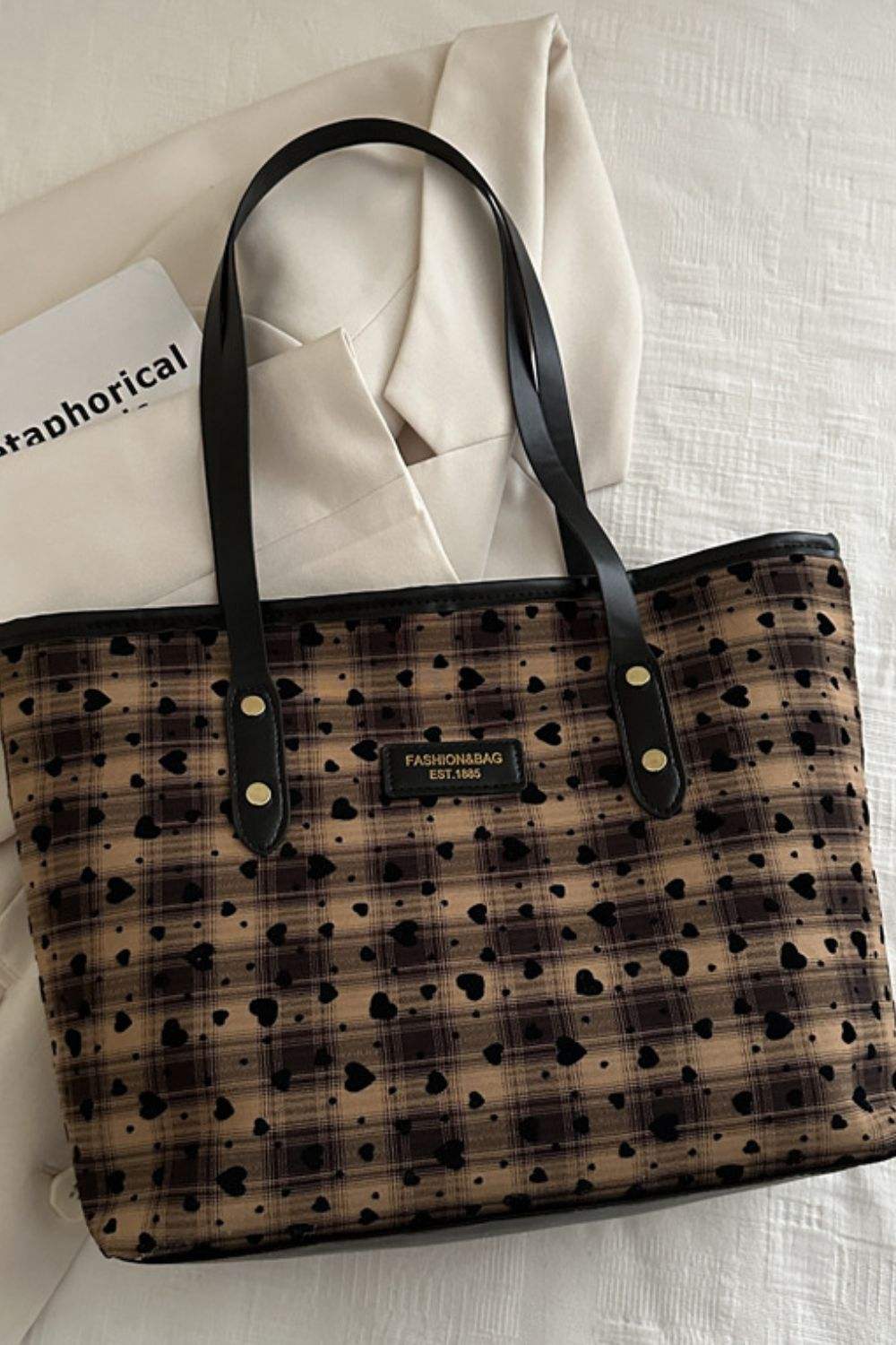 Heart Plaid PU Leather Strap Tote Bag - Trendsi - Flyclothing LLC