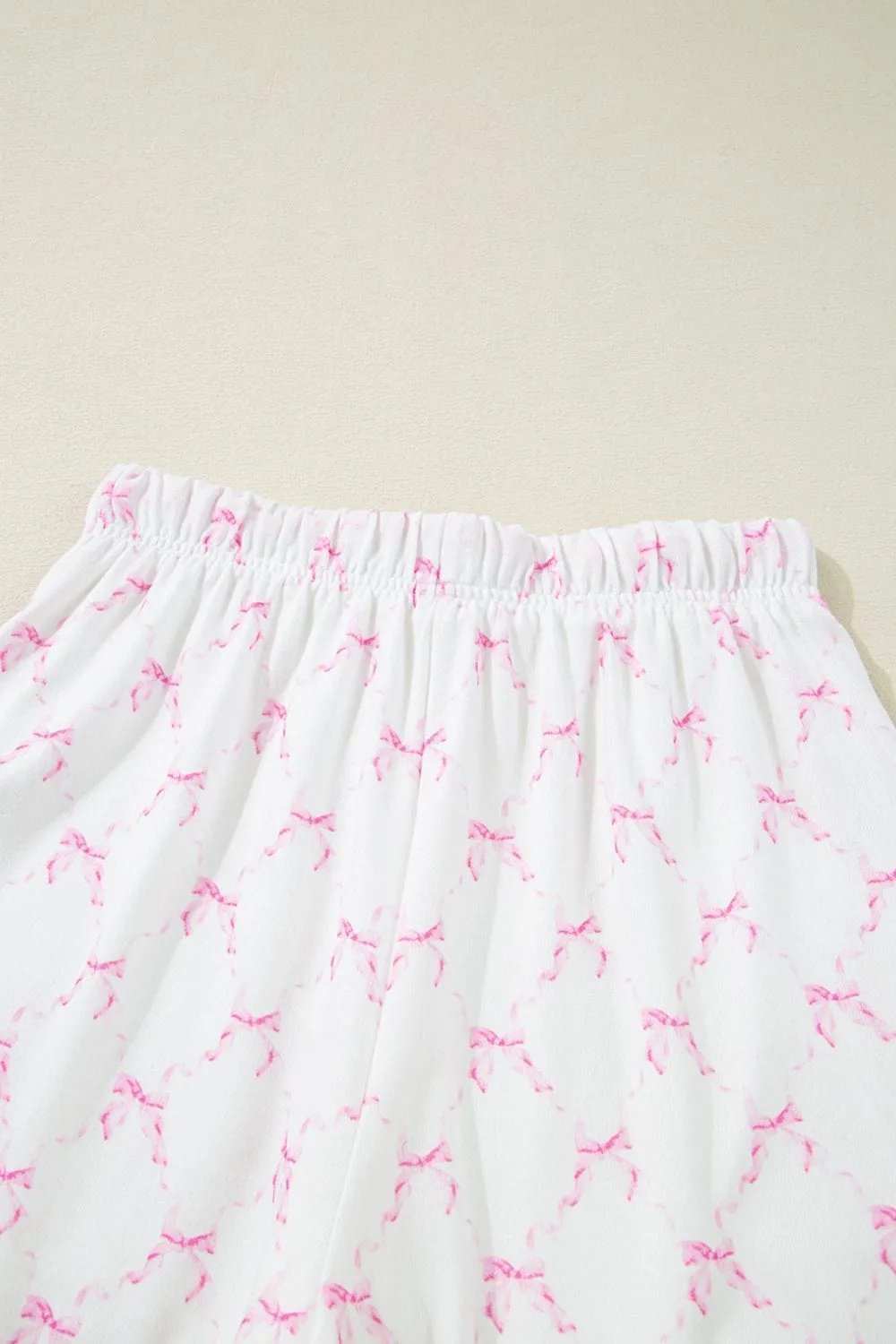 Bow Print Lettuce Trim Round Neck Top and Shorts Lounge Set - Trendsi - Flyclothing LLC