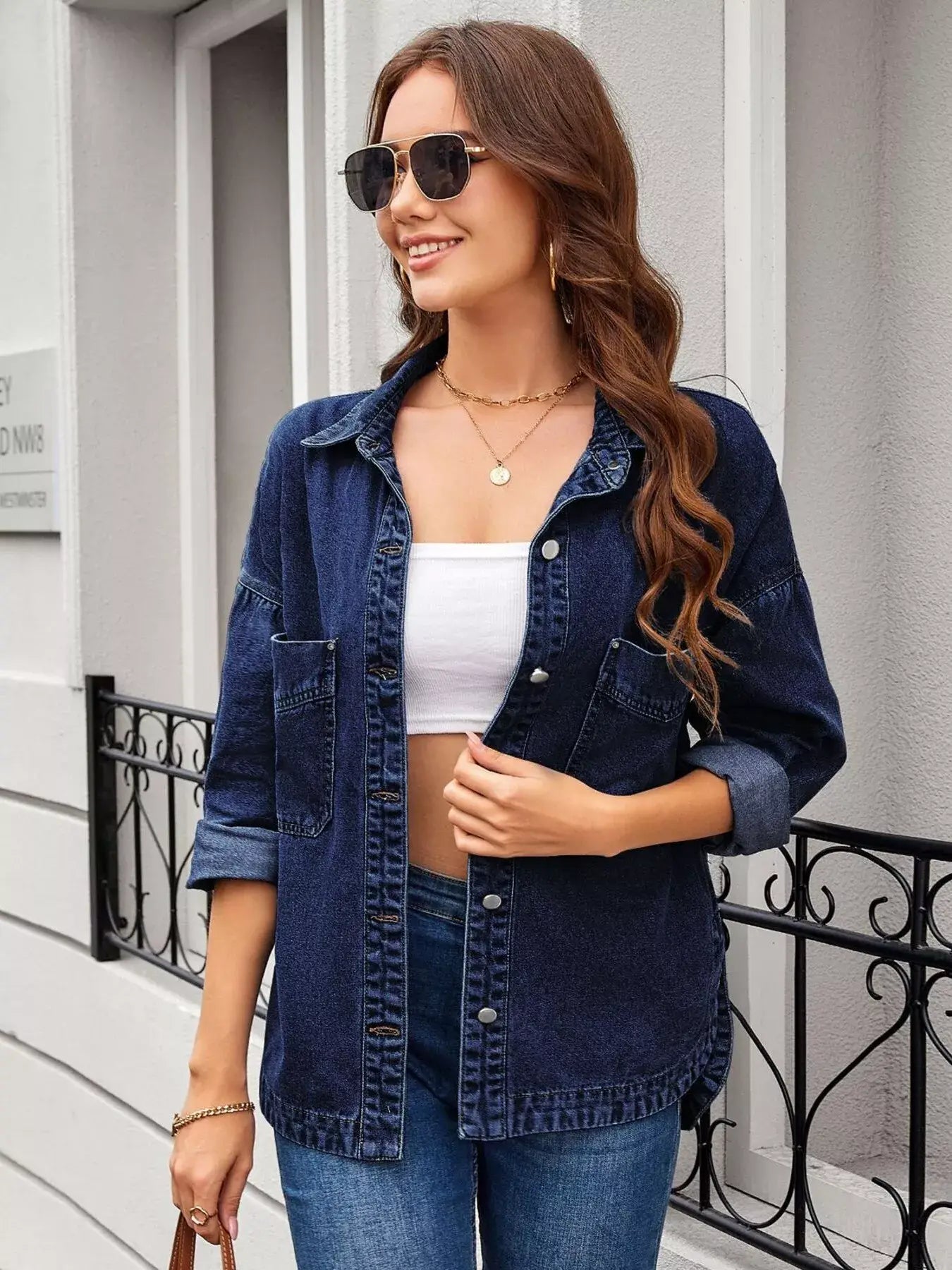 Button Up Long Sleeve Denim Shirt - Trendsi - Flyclothing LLC
