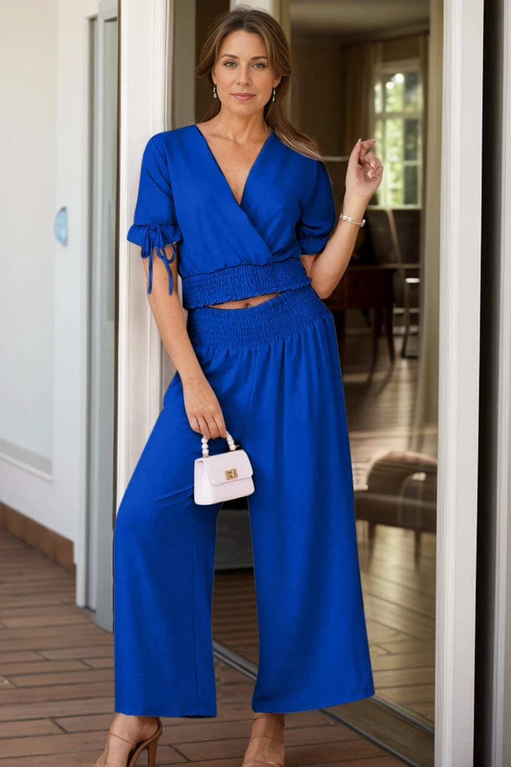 Surplice Short Sleeve Top and Pants Set - Trendsi - Flyclothing LLC