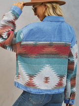 Geometric Button Up Dropped Shoulder Denim Jacket - Trendsi - Flyclothing LLC