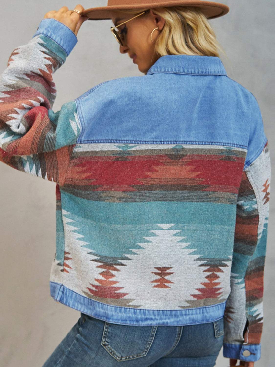 Geometric Button Up Dropped Shoulder Denim Jacket - Trendsi - Flyclothing LLC