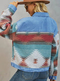 Geometric Button Up Dropped Shoulder Denim Jacket - Trendsi