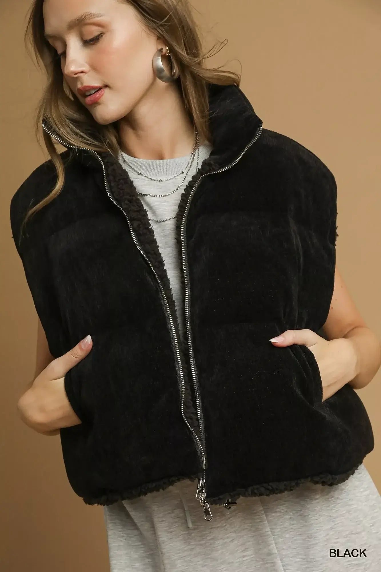 Umgee Sherpa-Lined Zip Vest with Drawstring Hem - Trendsi - Flyclothing LLC