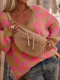 Leopard Oversized V-Neck Sweater - Trendsi - Flyclothing LLC