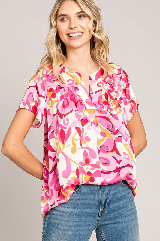 Cotton Bleu by Nu Label Abstract Print Short Sleeve Top - Trendsi