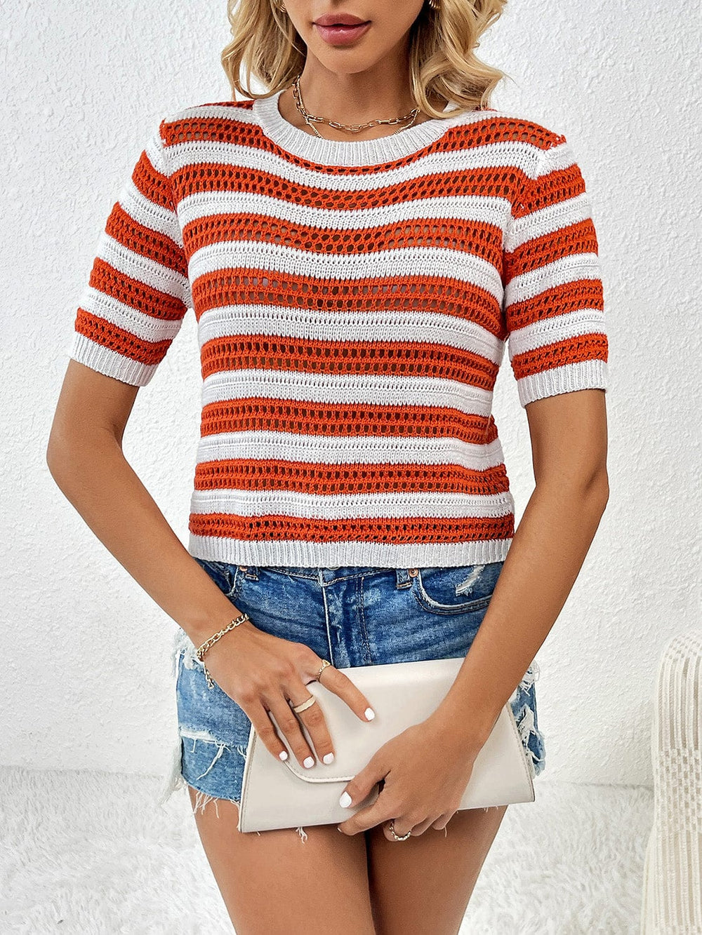 Openwork Striped Round Neck Short Sleeve Knit Top - Trendsi