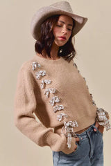 SO ME Checkered Plaid Tape Lace Up Ribbed Sweater - Trendsi - Flyclothing LLC