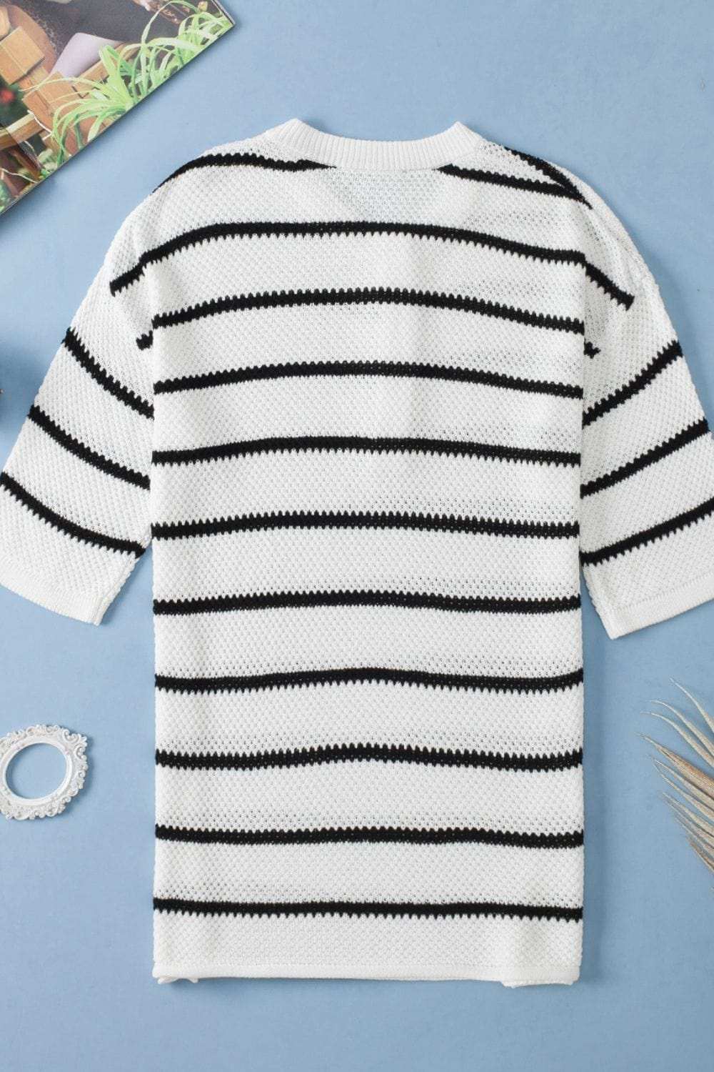 Stripe Drop Shoulder Side Slit Knit Top - Trendsi - Flyclothing LLC