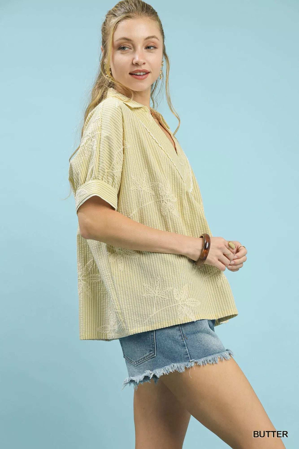 Umgee Striped Embroidered Blouse with Scallop Trim - Trendsi - Flyclothing LLC