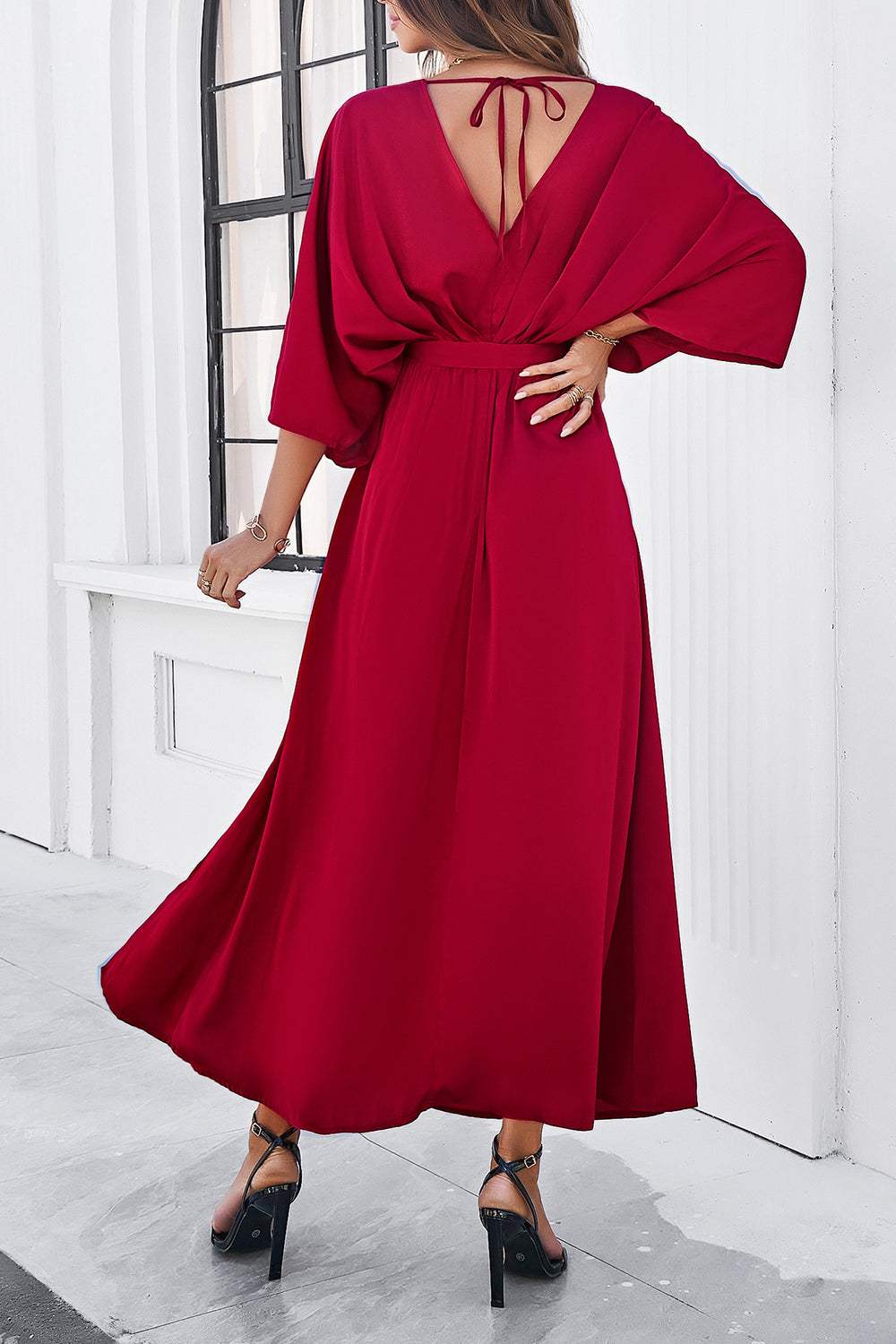 Slit Tied V-Neck Three-Quarter Sleeve Dress - Trendsi - Flyclothing LLC
