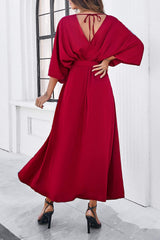 Slit Tied V-Neck Three-Quarter Sleeve Dress - Trendsi - Flyclothing LLC