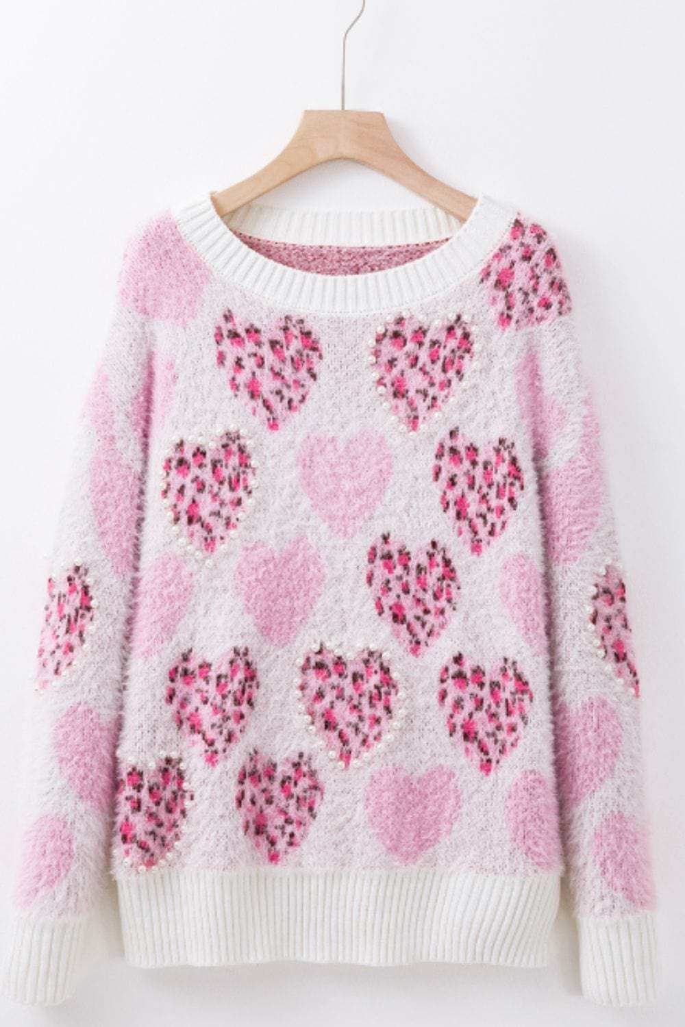 Pearl Detail Heart Round Neck Sweater - Trendsi - Flyclothing LLC