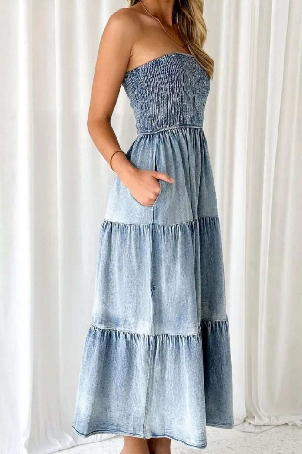 Smocked Tube Slit Tiered Denim Dress - Trendsi - Flyclothing LLC