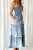 Smocked Tube Slit Tiered Denim Dress - Trendsi - Flyclothing LLC