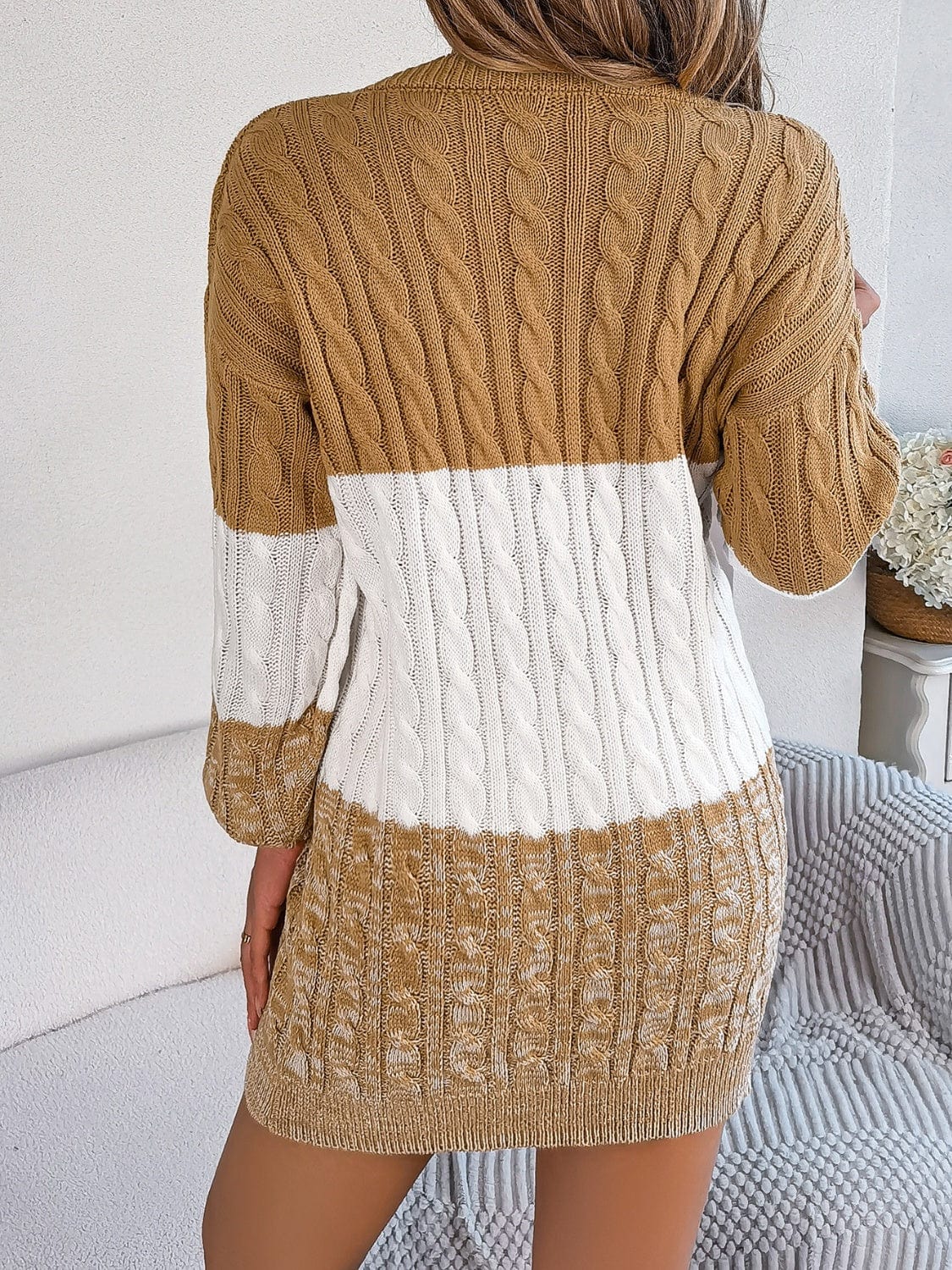 Cable-Knit Round Neck Color Block Sweater Dress - Trendsi