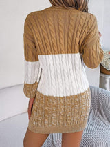 Cable-Knit Round Neck Color Block Sweater Dress - Trendsi - Flyclothing LLC