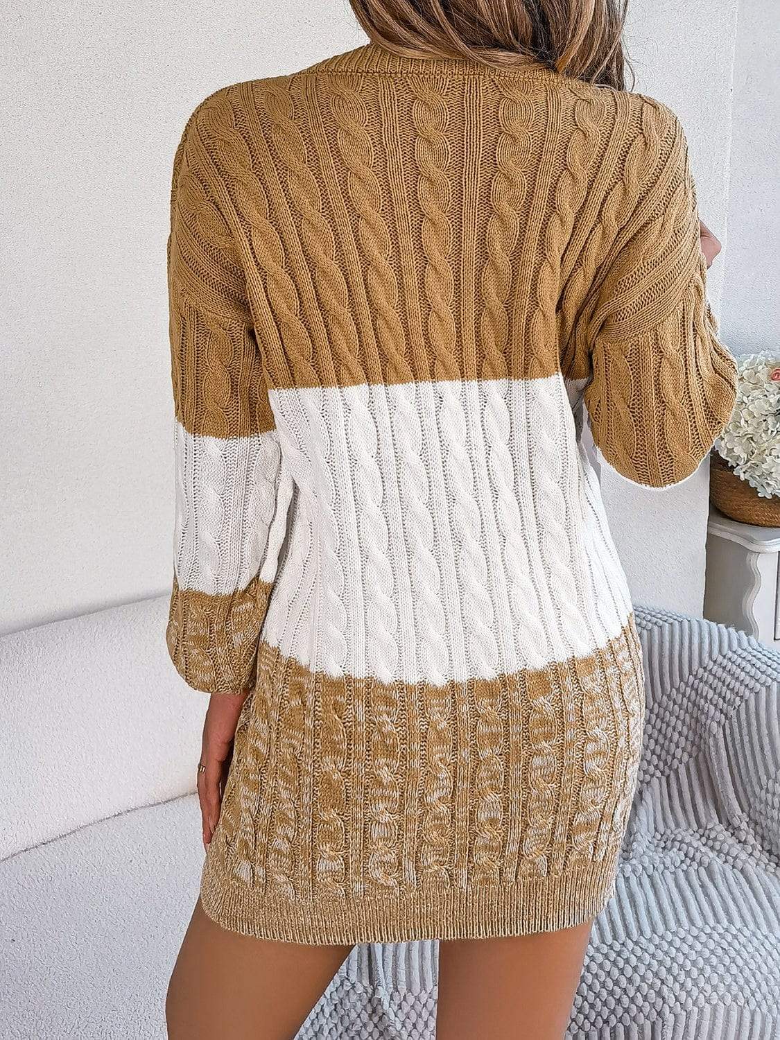 Cable-Knit Round Neck Color Block Sweater Dress - Trendsi - Flyclothing LLC