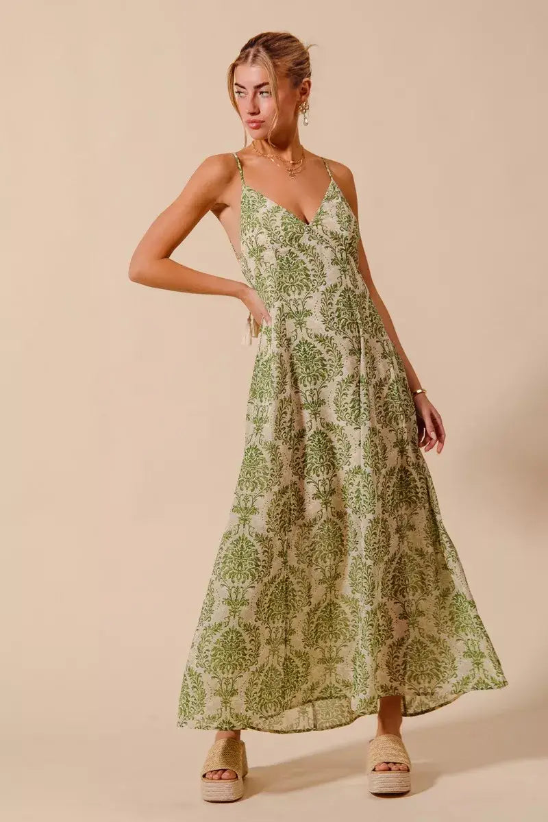 SO ME Damask Floral Summer Maxi Flowy Dress With Open Back - Trendsi - Flyclothing LLC