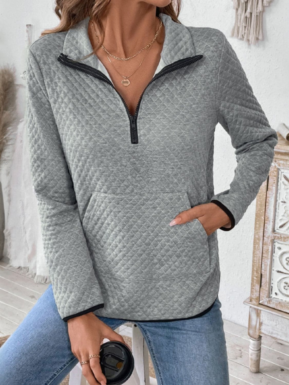 Perfee Texture Half Zip Long Sleeve Sweatshirt - Trendsi