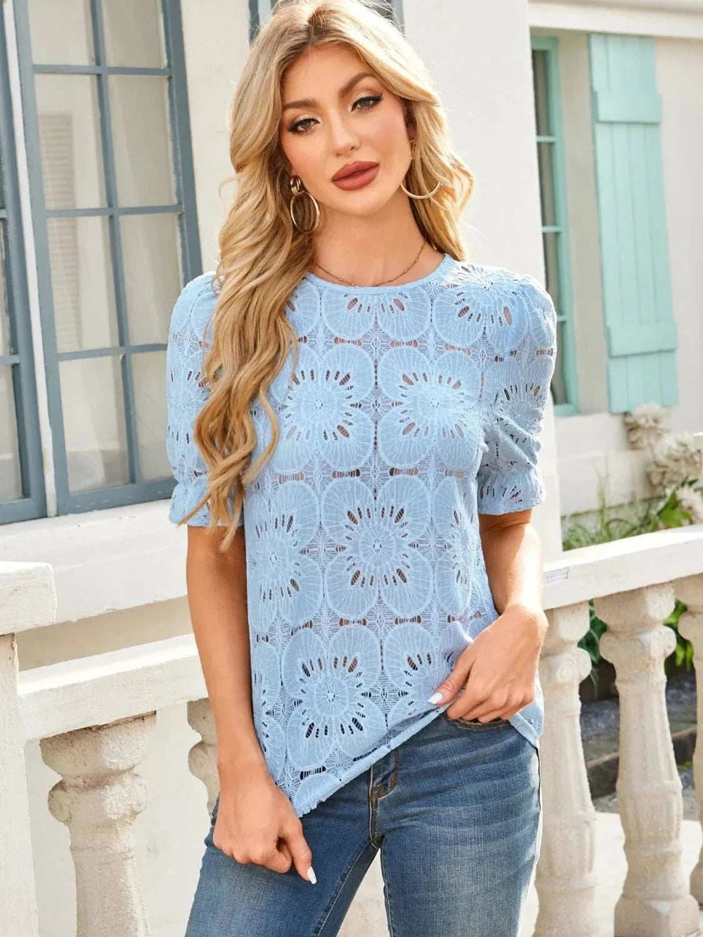Openwork Round Neck Short Sleeve Top - Trendsi - Flyclothing LLC
