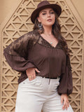 Plus Size Lace Detail Tie Neck Long Sleeve Blouse - Trendsi - Flyclothing LLC