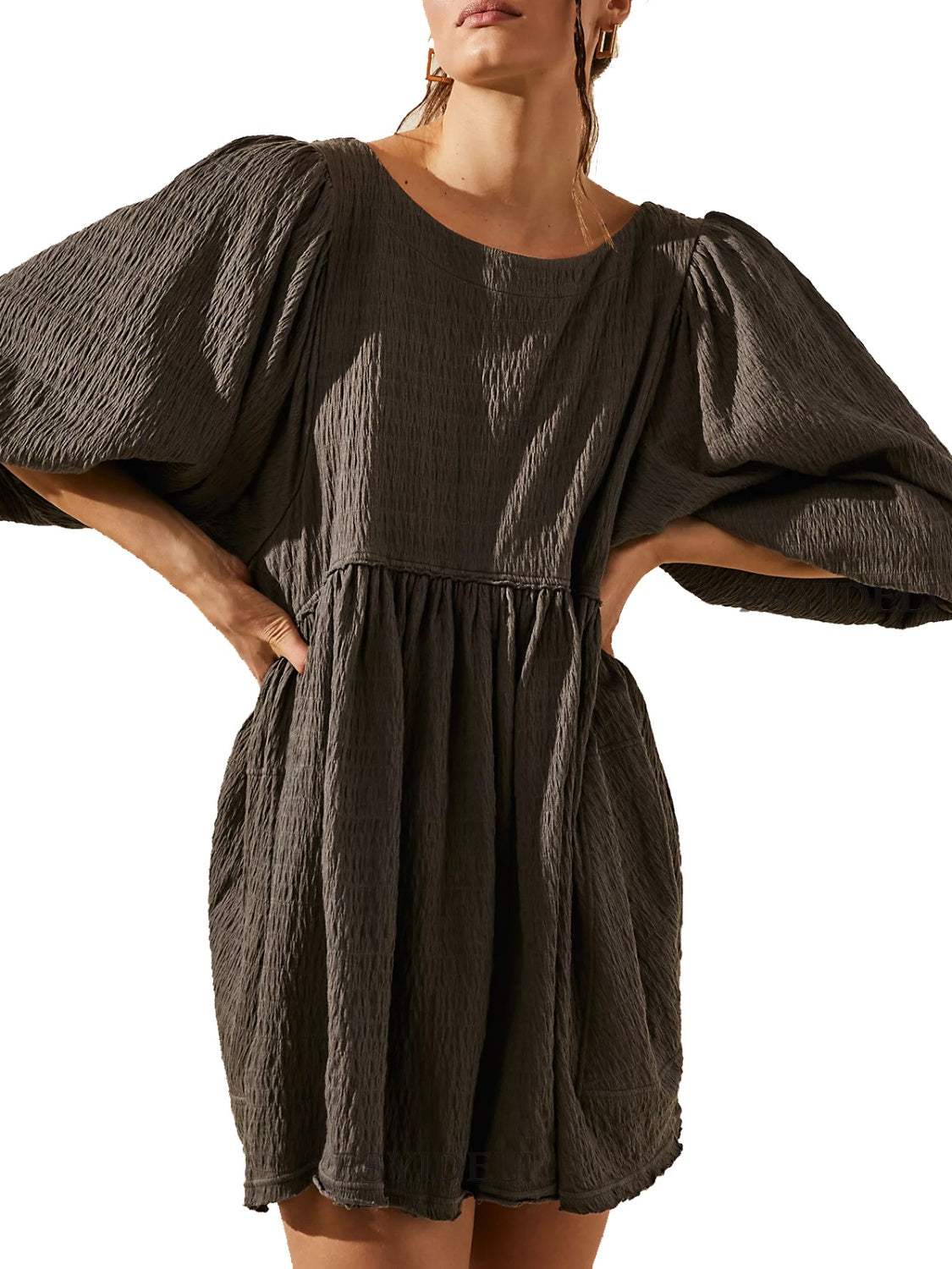 Cutout Textured Long Sleeve Mini Dress - Trendsi - Flyclothing LLC