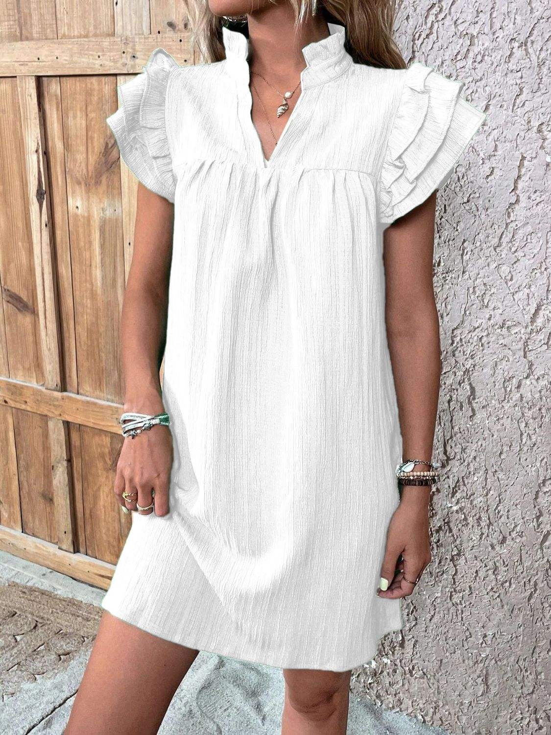 Ruffled Notched Cap Sleeve Mini Dress - Trendsi - Flyclothing LLC