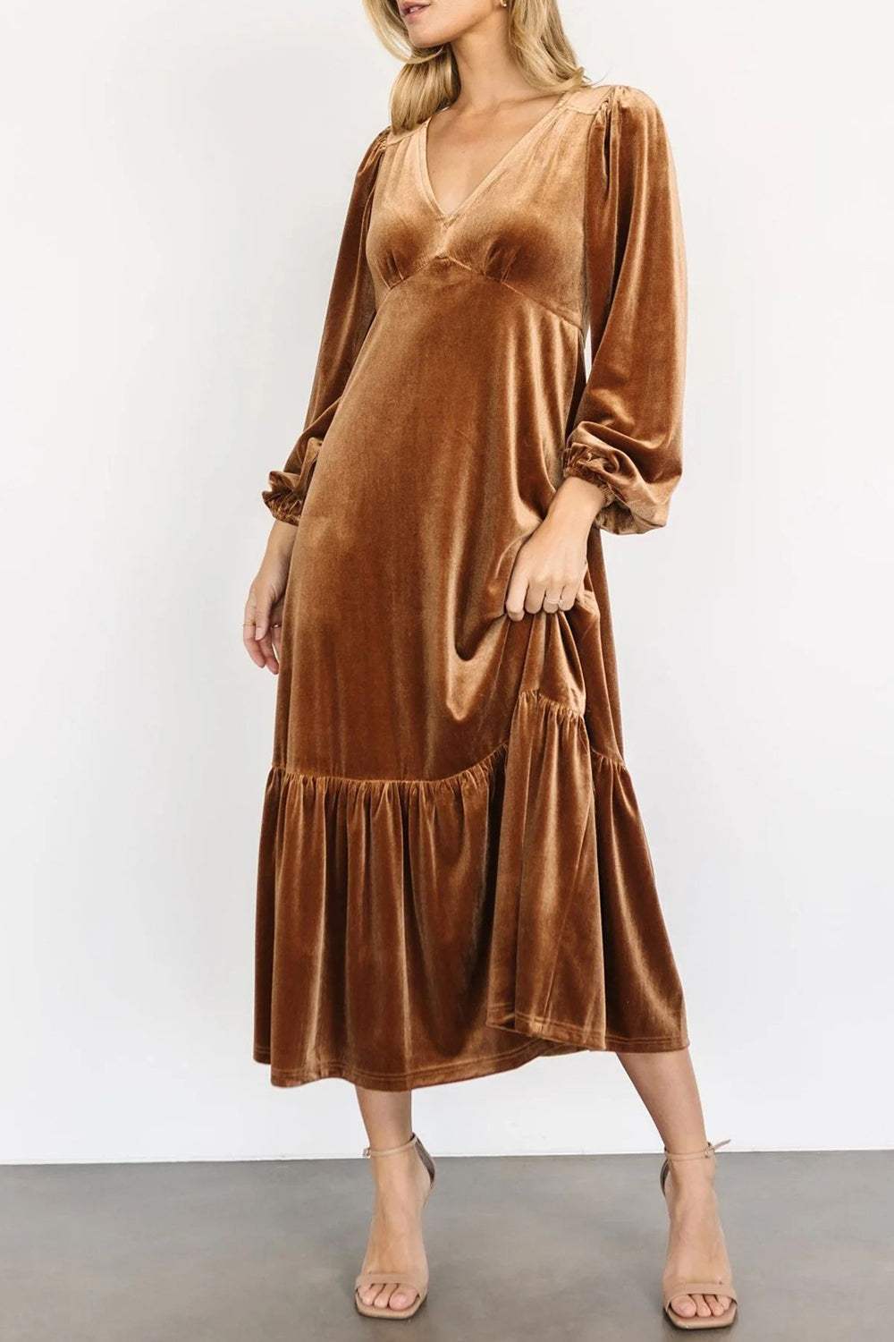 V-Neck Long Sleeve Midi Velvet Dress - Trendsi - Flyclothing LLC