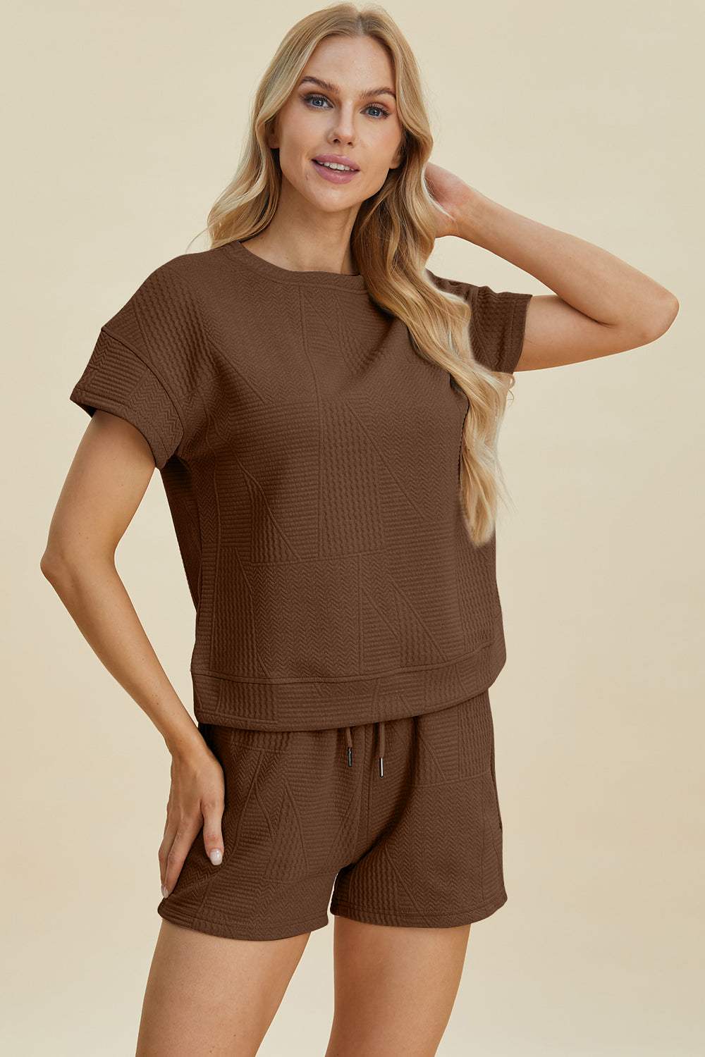 Double Take Full Size Texture Short Sleeve Top and Shorts Set - Trendsi - Flyclothing LLC