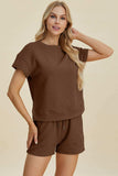 Double Take Full Size Texture Short Sleeve Top and Shorts Set - Trendsi - Flyclothing LLC