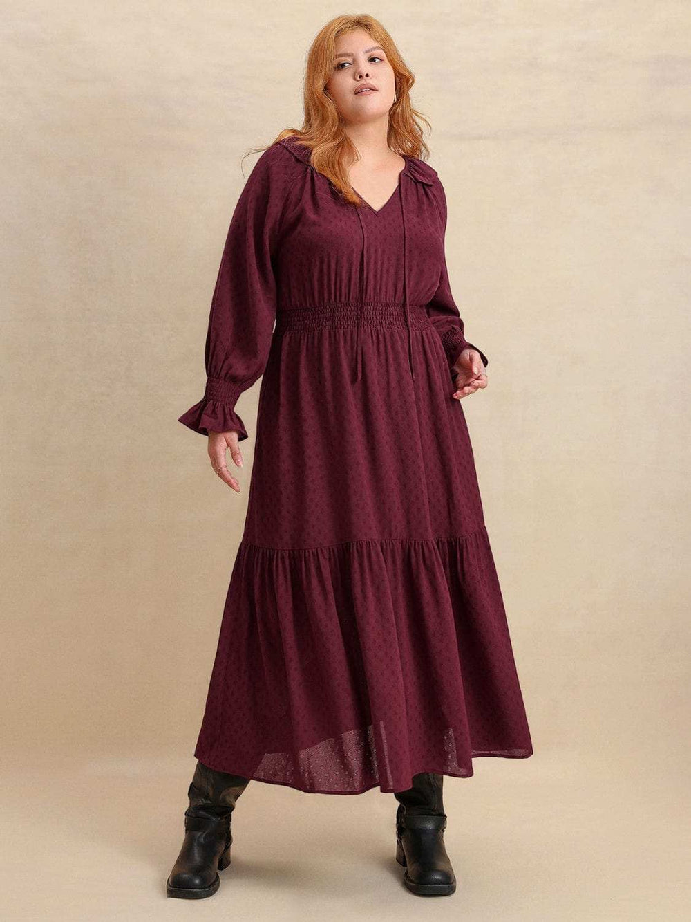 Plus Size Swiss Dot Tie Neck Flounce Sleeve Maxi Dress - Trendsi - Flyclothing LLC
