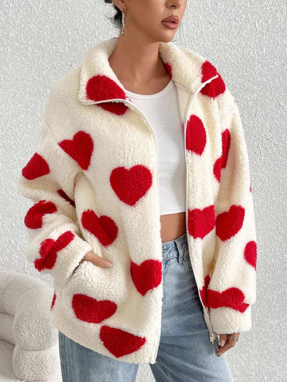 Heart Zip Up Drop Shoulder Furry Jacket - Trendsi - Flyclothing LLC