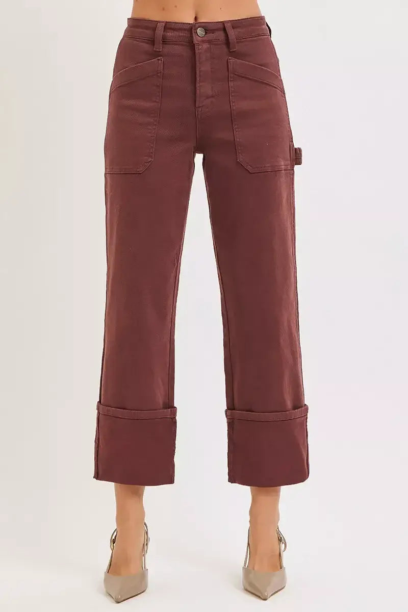 RISEN Full Size High Rise Wide Straight Cuffed Patch Jeans Plus Size - Trendsi - Flyclothing LLC