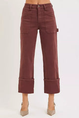 RISEN Full Size High Rise Wide Straight Cuffed Patch Jeans Plus Size - Trendsi - Flyclothing LLC