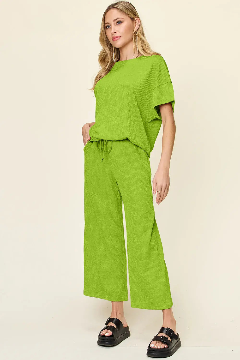Double Take Full Size Texture Round Neck Short Sleeve T-Shirt and Wide Leg Pants - Trendsi - Flyclothing LLC