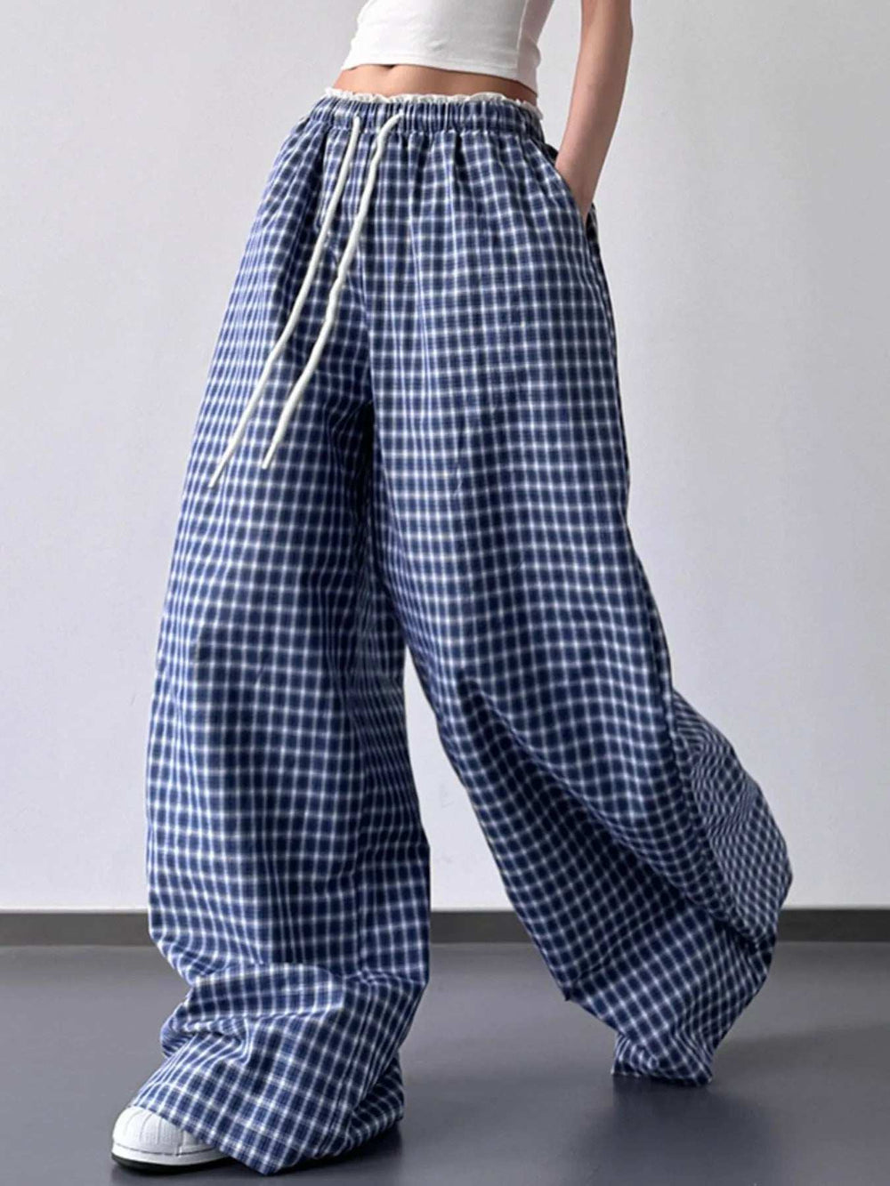 Drawstring Plaid Wide Leg Pants - Trendsi - Flyclothing LLC