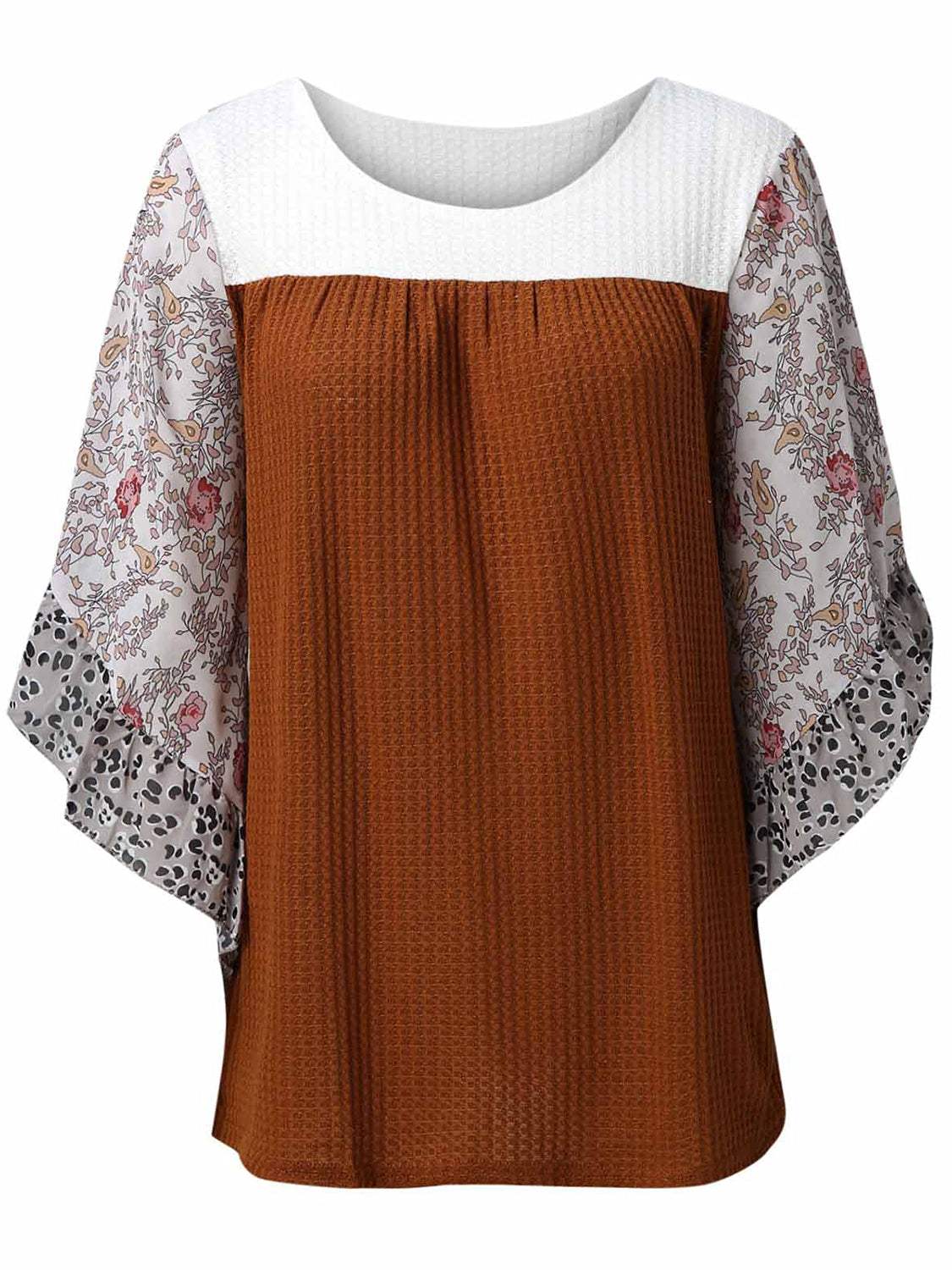 Full Size Printed Round Neck Three-Quarter Sleeve Blouse - Trendsi - Flyclothing LLC