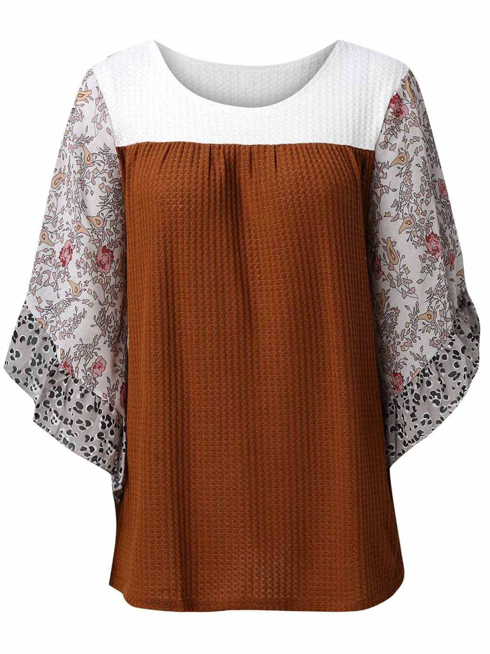 Full Size Printed Round Neck Three-Quarter Sleeve Blouse - Trendsi - Flyclothing LLC