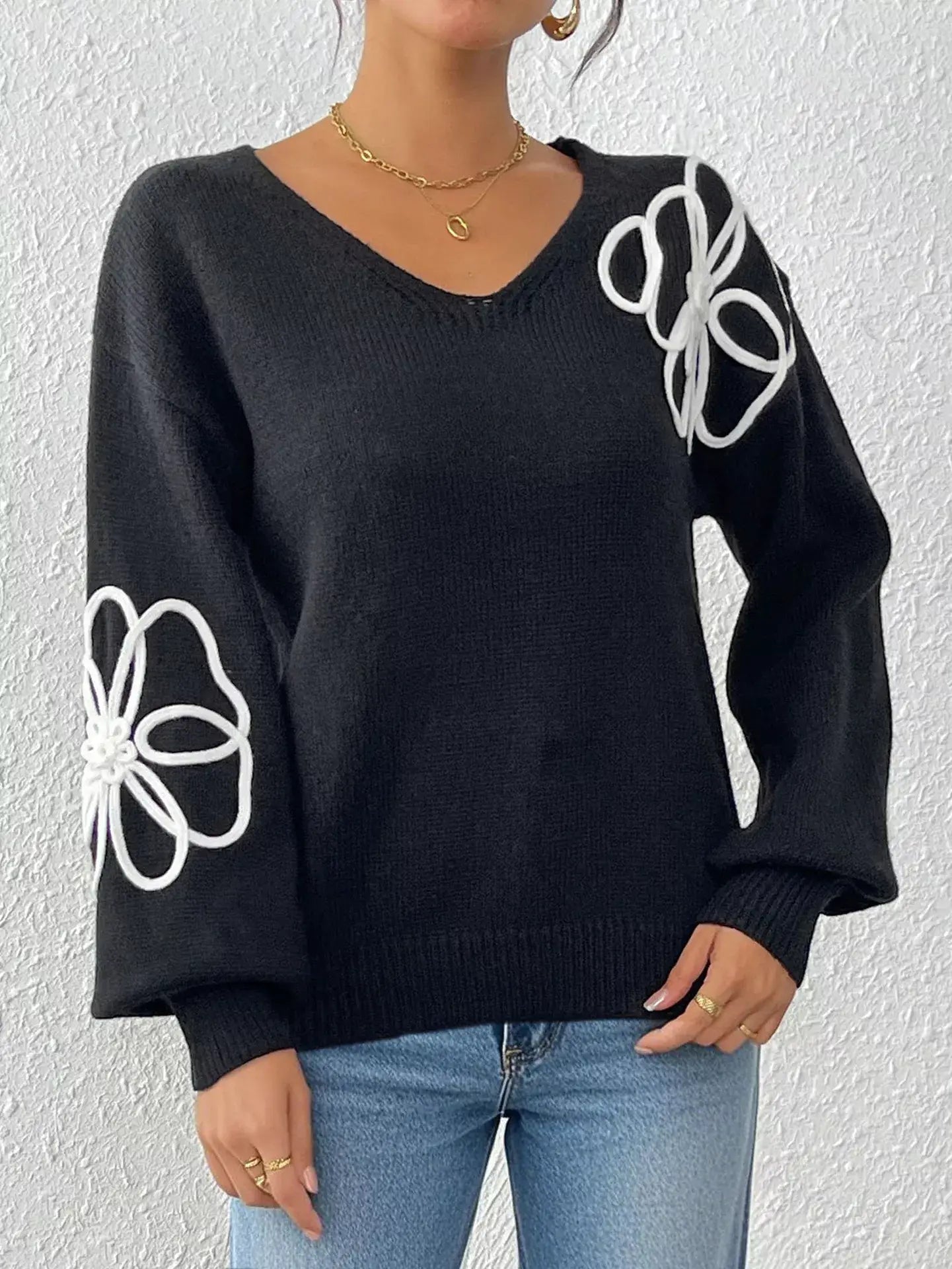 Flower V-Neck Long Sleeve Sweater - Trendsi - Flyclothing LLC