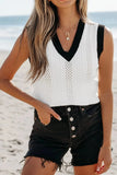 Contrast Trim Eyelet Knit V Neck Sweater Vest - Trendsi