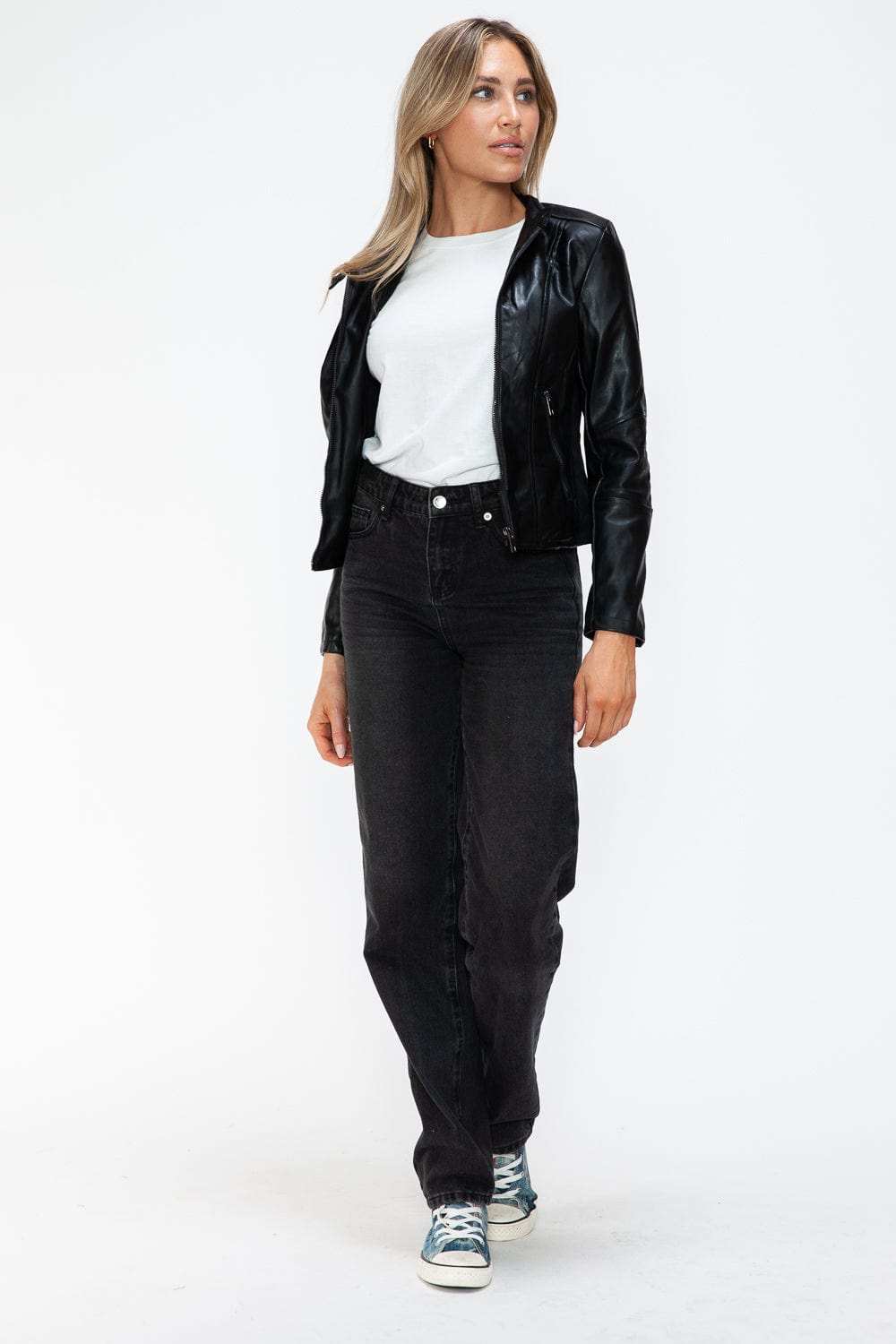 Snobbish Faux Leather Zip Up Drawstring Hooded Jacket - Trendsi - Flyclothing LLC